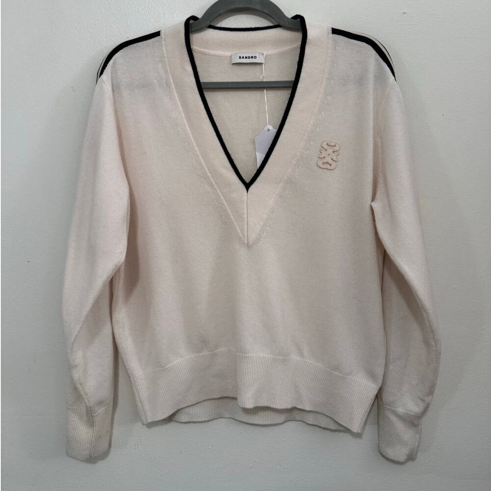 Sandro Sully ecru wool cashmere V‑neck sweater black stripes size 1 (small) - Picture 3 of 13